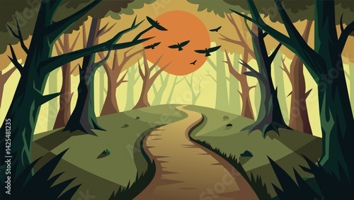 A swarm of gnarled dark trees part revealing a path that leads to a serene sundappled forest filled with chirping birds and rustling leaves..