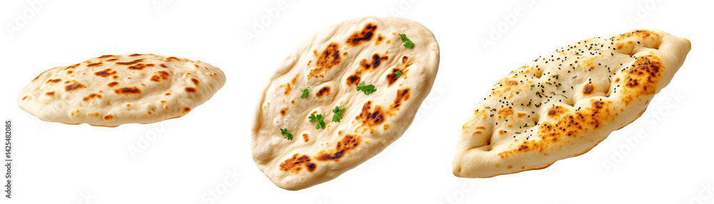 Set of naan bread showcasing its golden crust and herbs, isolated on white transparent background, concept of food. Set of naan bread showcasing its golden crust and herbs, isolated on white transparent background, concept of food.