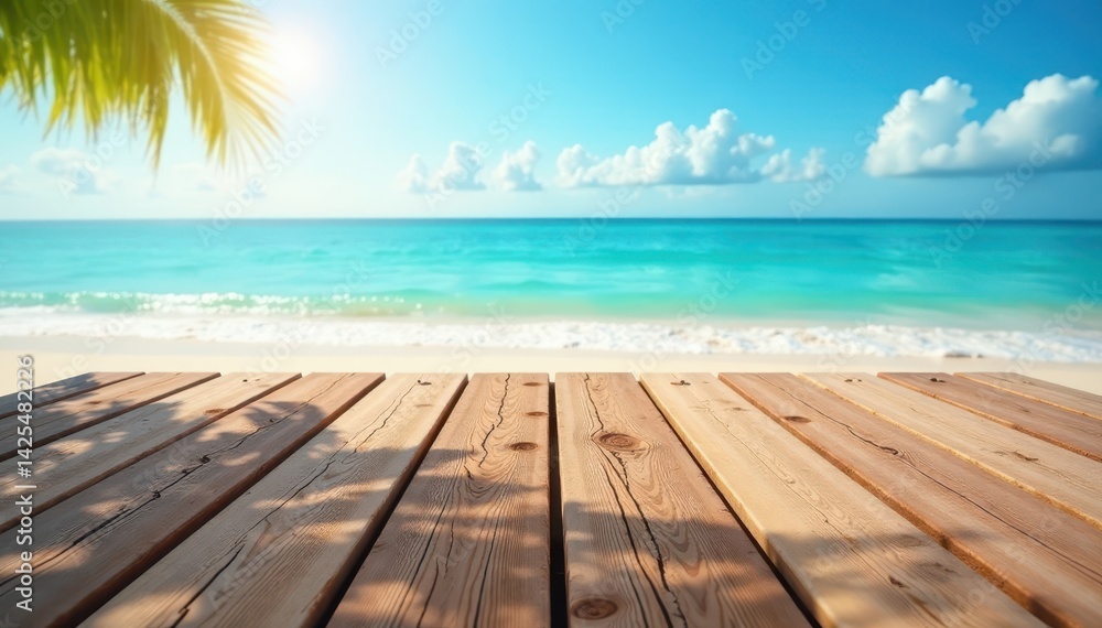 Fototapeta premium Empty rustic planks, soft-focus beach and sea, water, empty