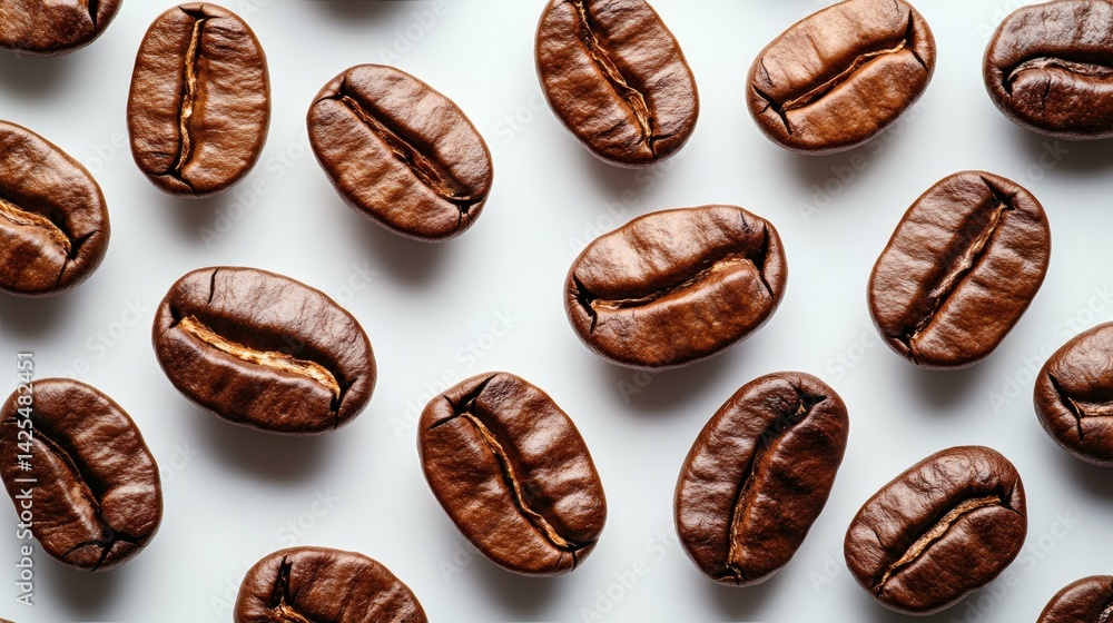 Array of Roasted Coffee Beans on a White Surface with Visible Bean Textures and Subtle Shadows Array of Roasted Coffee Beans on a White Surface with Visible Bean Textures and Subtle Shadows
