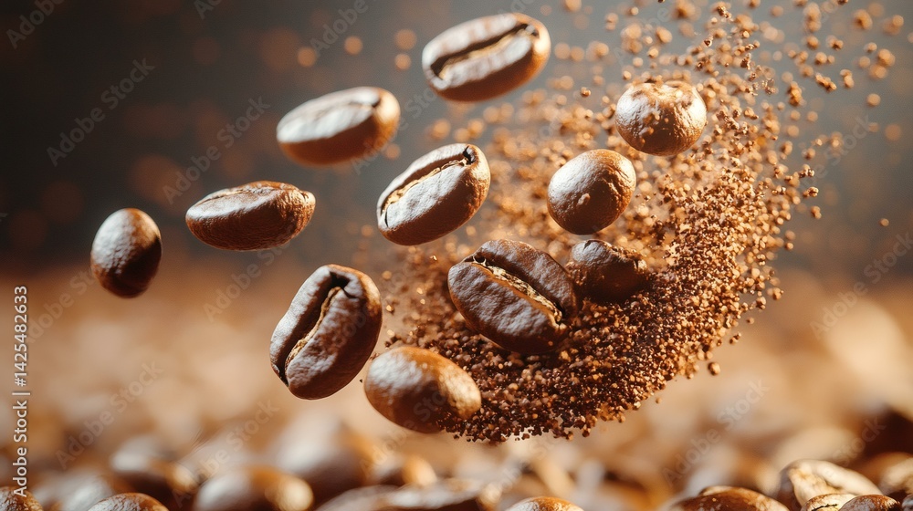 Levitating Coffee Beans and Grounds Creating Swirling Effect Levitating Coffee Beans and Grounds Creating Swirling Effect