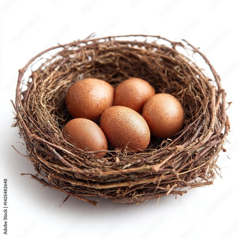Five speckled eggs inside nest isolated on white background Five speckled eggs inside nest isolated on white background
