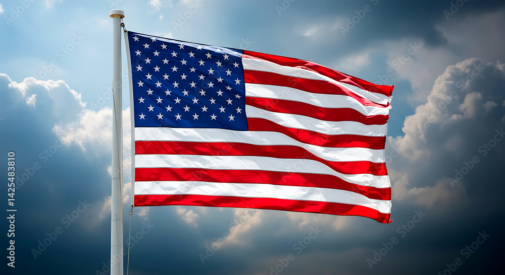 Obraz premium Waving National United States of America flag flying symbolic of patriotism and national pride, Generative AI