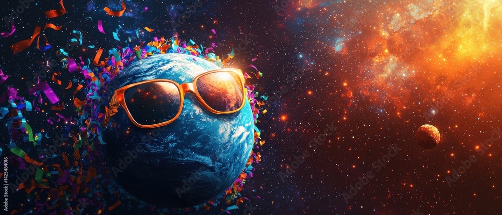 National Space Day A playful depiction of Earth wearing sunglasses in a colorful cosmic setting.