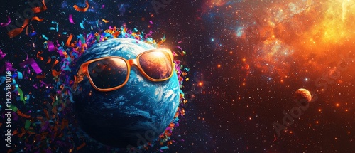 Obraz na płótnie National Space Day A playful depiction of Earth wearing sunglasses in a colorful cosmic setting. w salonie