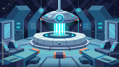 A futuristic space station with a central chamber dedicated to simulating catastrophic events and testing potential solutions through virtual reality..
