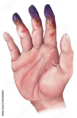 Deep frostbite of a human hand, illustration