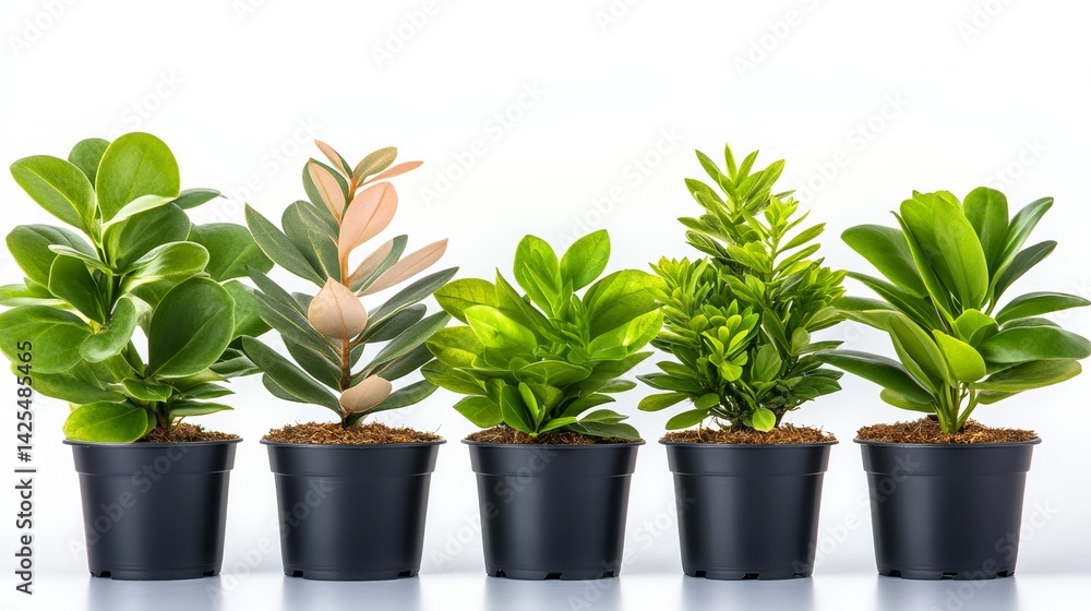 Obraz premium Row of potted plants with different sizes and colors. The plants are arranged in a row, with the tallest one in the middle and the shortest one on the far left. The plants are all green