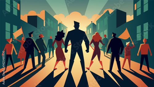 A group of protesters marches through the streets their long shadows projected onto surrounding buildings a symbol of their collective strength and.