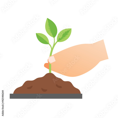 Hand planting a young green sapling in rich brown soil while supporting its stem to ensure proper growth and nurturing