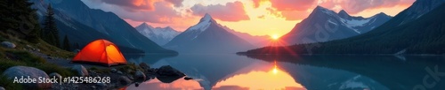 Wallpaper Mural Mountain campsite at sunrise, majestic peaks reflecting in calm lake, escape, travel Torontodigital.ca