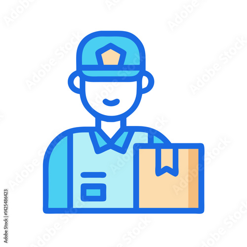Delivery person holds a package while wearing a uniform and cap in a clean, modern design, emphasizing reliability and service