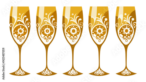 A collection of elegant champagne flutes each one adorned with intricate gold filigree detailing.. Vector illustration