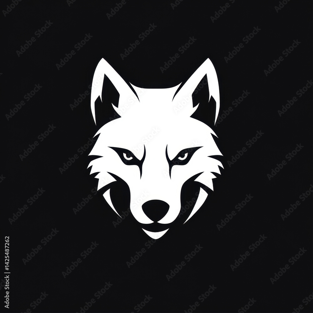 Naklejka premium Striking White Wolf Head Logo on Black Background: Minimalist, Bold, and Powerful Animal Symbol