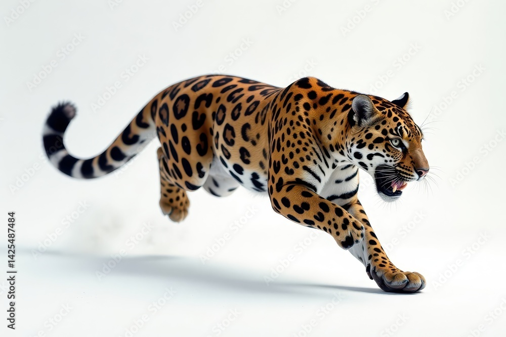 Obraz premium Powerful jaguar leaps across pure white space, animal, fur, sprint