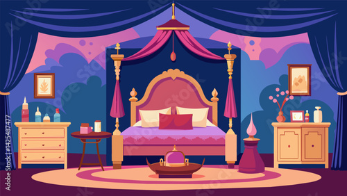 A bedroom with a vintage fourposter bed adorned with vintage embroidered linens and a collection of antique perfume bottles creating a dreamy and. Vector illustration