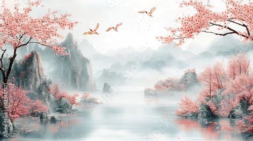 Asian Scenery Cranes with Cherry Blossoms, and Mountains.
