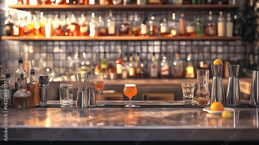 Stylish bar counter with drinks and glassware. Stylish bar counter with drinks and glassware.
