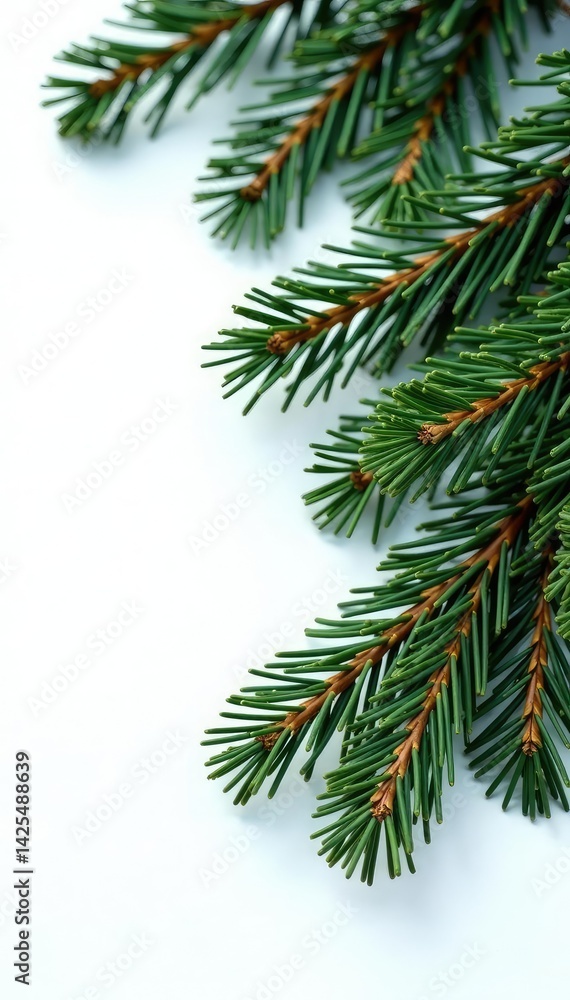 Spruce tree branches with needles isolated on white surface, trees, winter Spruce tree branches with needles isolated on white surface, trees, winter