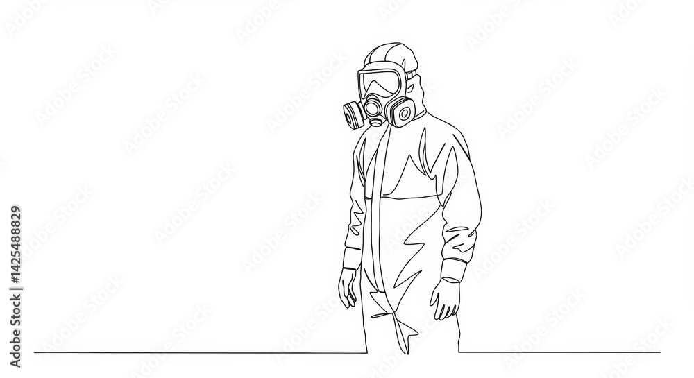 Minimalist line drawing of a hazmat suit and respirator for virus protection Minimalist line drawing of a hazmat suit and respirator for virus protection