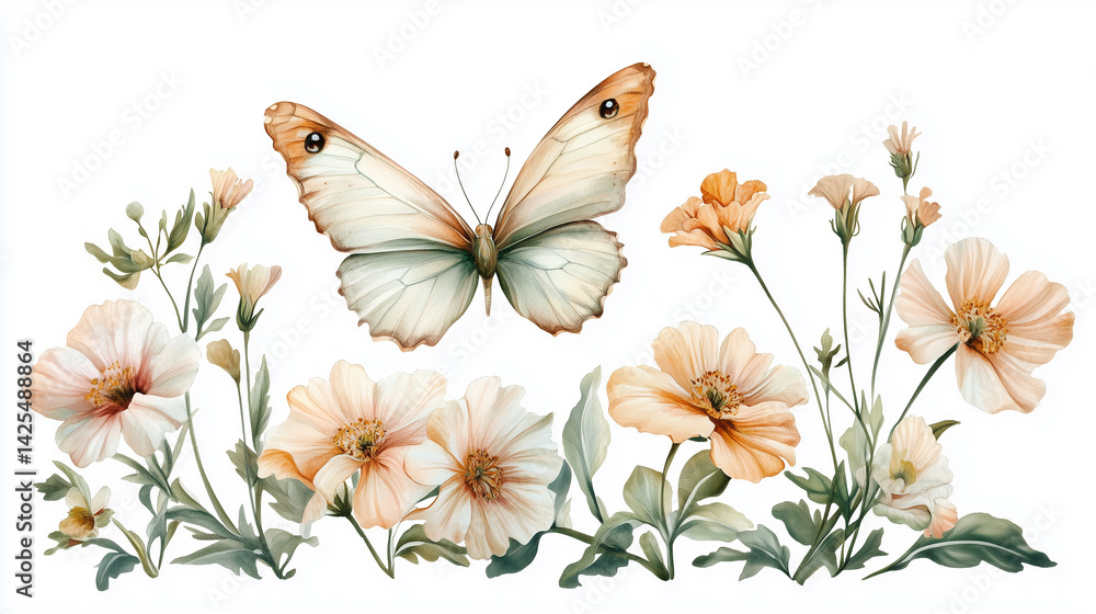 Fototapeta premium Delicate Pastel-Colored Butterfly Flying Over Blooming Flowers, Soft and Cheerful Spring Theme, Isolated on White Background, Generated AI 