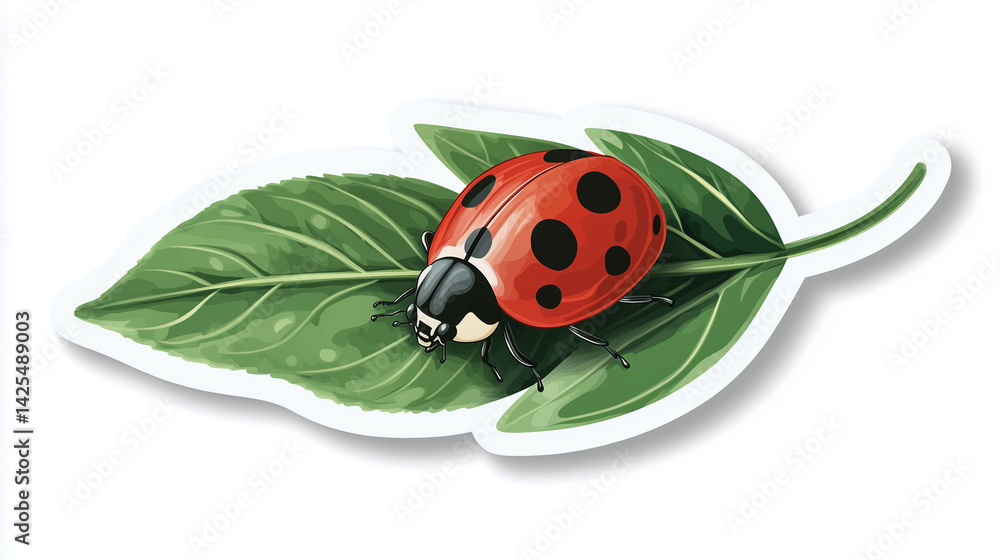 Fototapeta premium Cute Ladybug Sticker, Tiny Red Ladybug Crawling on a Fresh Green Leaf, Lucky and Charming Springtime Nature Aesthetic, Isolated on White Background, Generated AI 