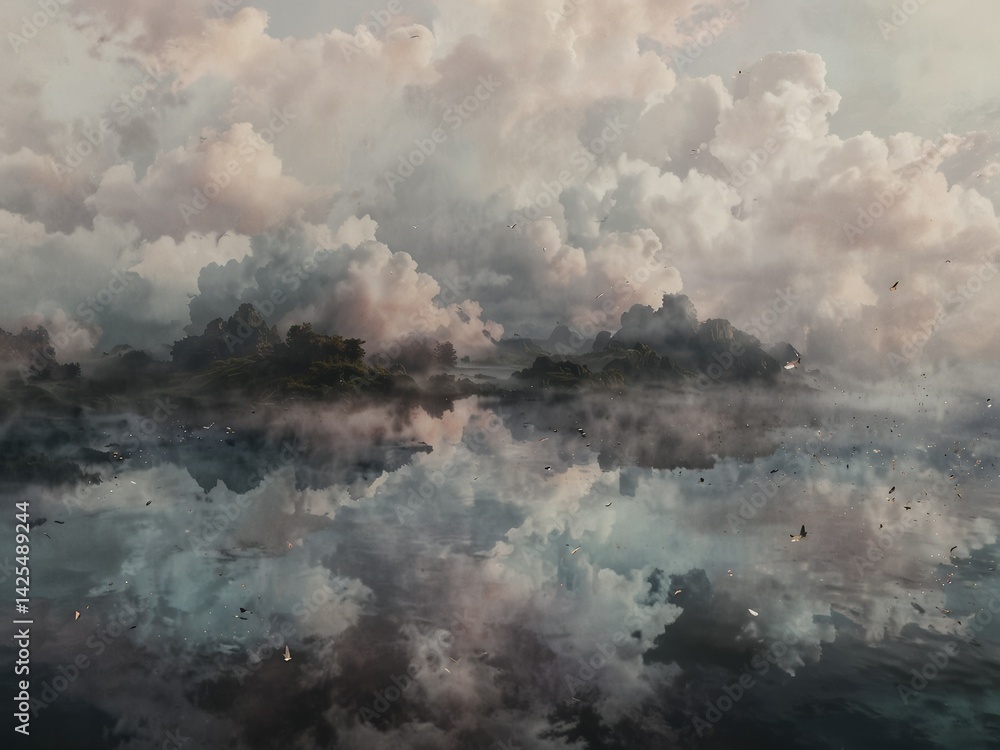 Fototapeta premium Ethereal cloudscape reflects over a serene body of water dotted with misty land formations and scattered birds