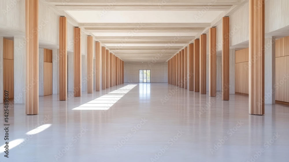 Fototapeta premium Empty, light-filled hall with wooden columns