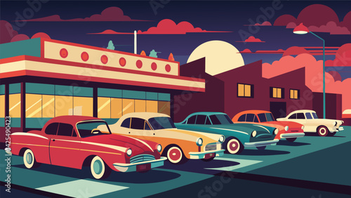A row of classic cars parked outside the venue transporting attendees to the honkytonk bars and jukeboxes of the 1950s at the Retro Music Night. Vector illustration