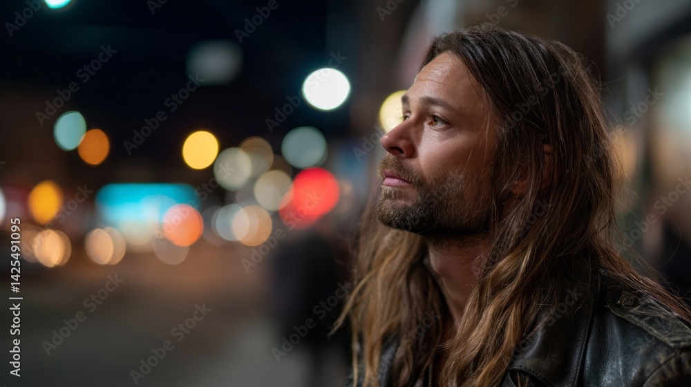 Under the glow of city lights, a man with long hair and a leather jacket reflects on life Under the glow of city lights, a man with long hair and a leather jacket reflects on life