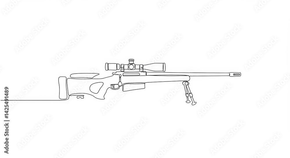 Sniper rifle drawn with continuous line on stark white minimalist backdrop Sniper rifle drawn with continuous line on stark white minimalist backdrop