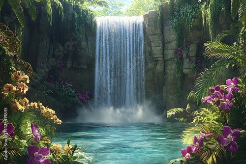 Fototapeta Naklejka Na Ścianę i Meble -  Lush tropical waterfall cascading into a tranquil pool.