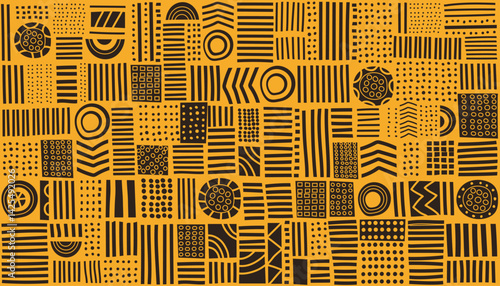 Abstract seamless geometric hand drawn pattern. Ethnic background. Vector flat hand drawn banner. Line art illustration.