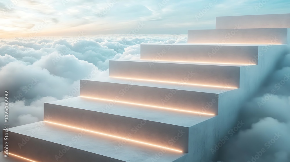 A surreal staircase rises through fluffy clouds, illuminated by soft light, suggesting ascension. A surreal staircase rises through fluffy clouds, illuminated by soft light, suggesting ascension.
