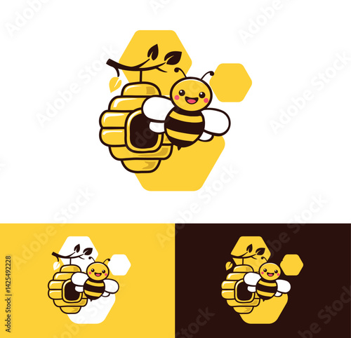 Cartoon logo bee with a smiling face flying near a beehive, small branch with leaves.