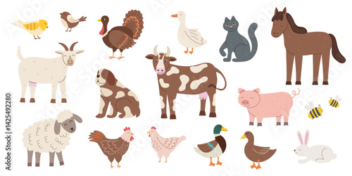 Wallpaper Mural Set of farm animals isolated on white background. Farming and livestock concept. Vector flat hand drawn cliparts.  Torontodigital.ca
