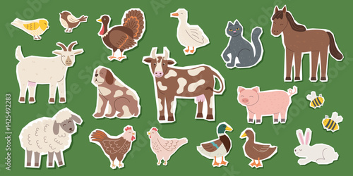 Set of farm animals stickers isolated on green background. Farming and livestock concept. Vector flat hand drawn cliparts. 