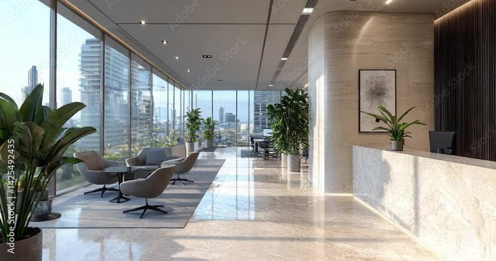 Modern office lobby city view Modern office lobby city view