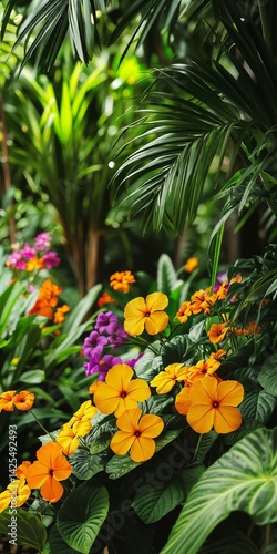 Wallpaper Mural Flores vibrantes de color naranja y púrpura florecen frente a un follaje verde exuberante y hojas de palmera. Torontodigital.ca