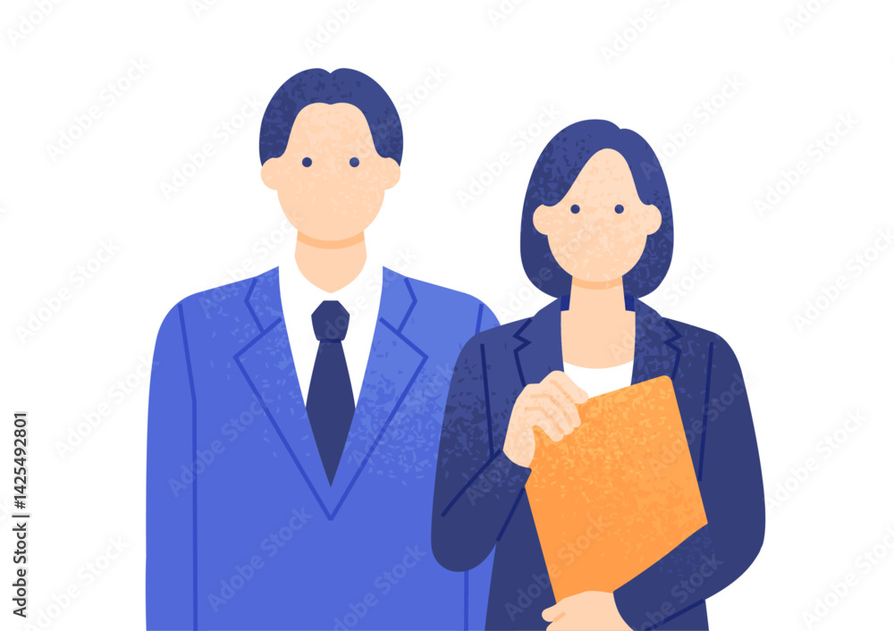 Fototapeta premium スーツを着た若い男女。ビジネスパーソンのベクターイラスト素材。