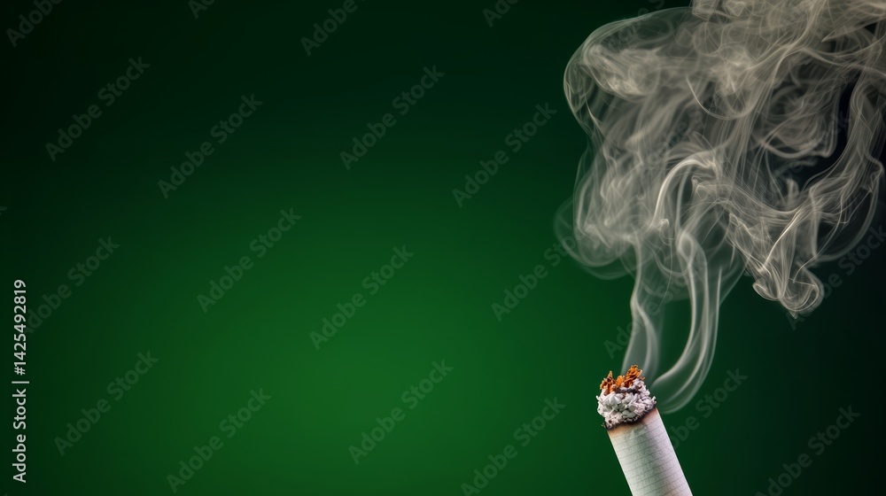 Cigarette is lit and the smoke is rising. Concept of danger and harm, as smoking is known to cause health problems Cigarette is lit and the smoke is rising. Concept of danger and harm, as smoking is known to cause health problems