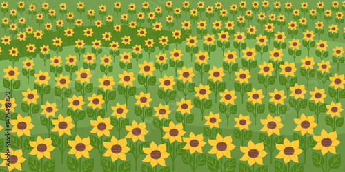 Field of sunflowers. Sustainable and regenerative farming concept banner. Gardening nature landscape.  Vector hand drawn background in flat style.