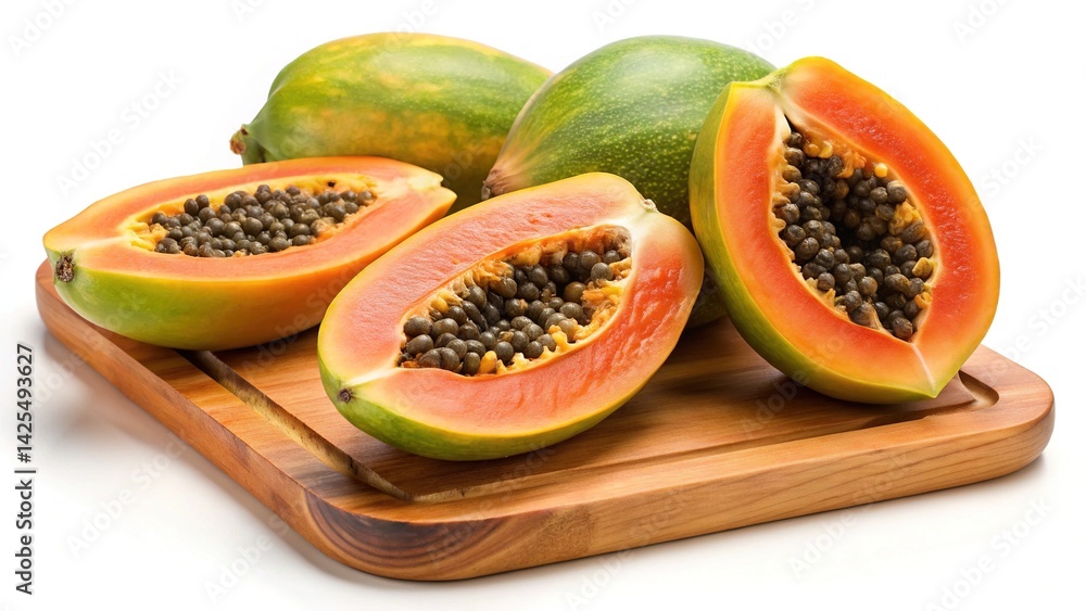 Fresh and vibrant papaya slices with seeds on a wooden cutting board Fresh and vibrant papaya slices with seeds on a wooden cutting board