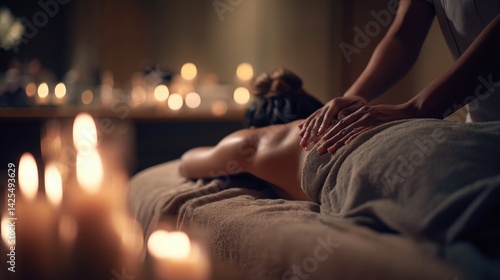 A woman is getting a massage on a bed with candles in the background