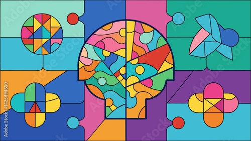 A stained glass puzzle with fragments of colorful glass representing the different types of psychiatric treatment. The final piece needed to complete.
