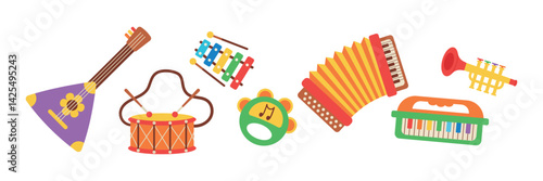 A set of children's musical instruments painted in a cartoon style. Vector illustration of musical toys