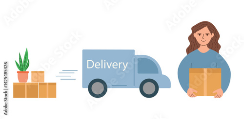Woman holding cardboard box for moving. Delivery of goods by van. Moving concept