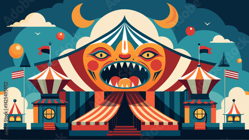 A giant contion resembling a carnival funhouse with distorted mirrors and distorted voices spewing lies and misinformation..