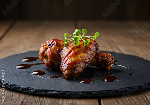 Wallpaper Mural Minimalist Gourmet Single BBQ Chicken Wing Dark Slate Plate Microgreens Torontodigital.ca