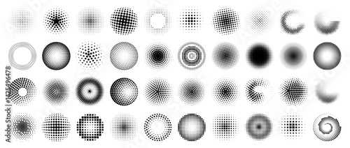 Set of abstract dotted halftone circle frame, geometric polka dot gradient pop art texture, round pattern noise or grain overlay background, retro comic speech design element and grunge pixel spray.